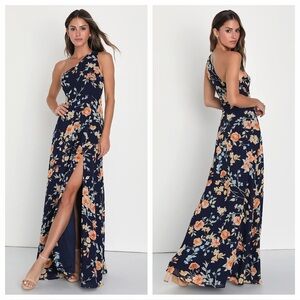 Lulus Elegant Admiration Navy Blue Floral One-Shoulder Maxi
Dress